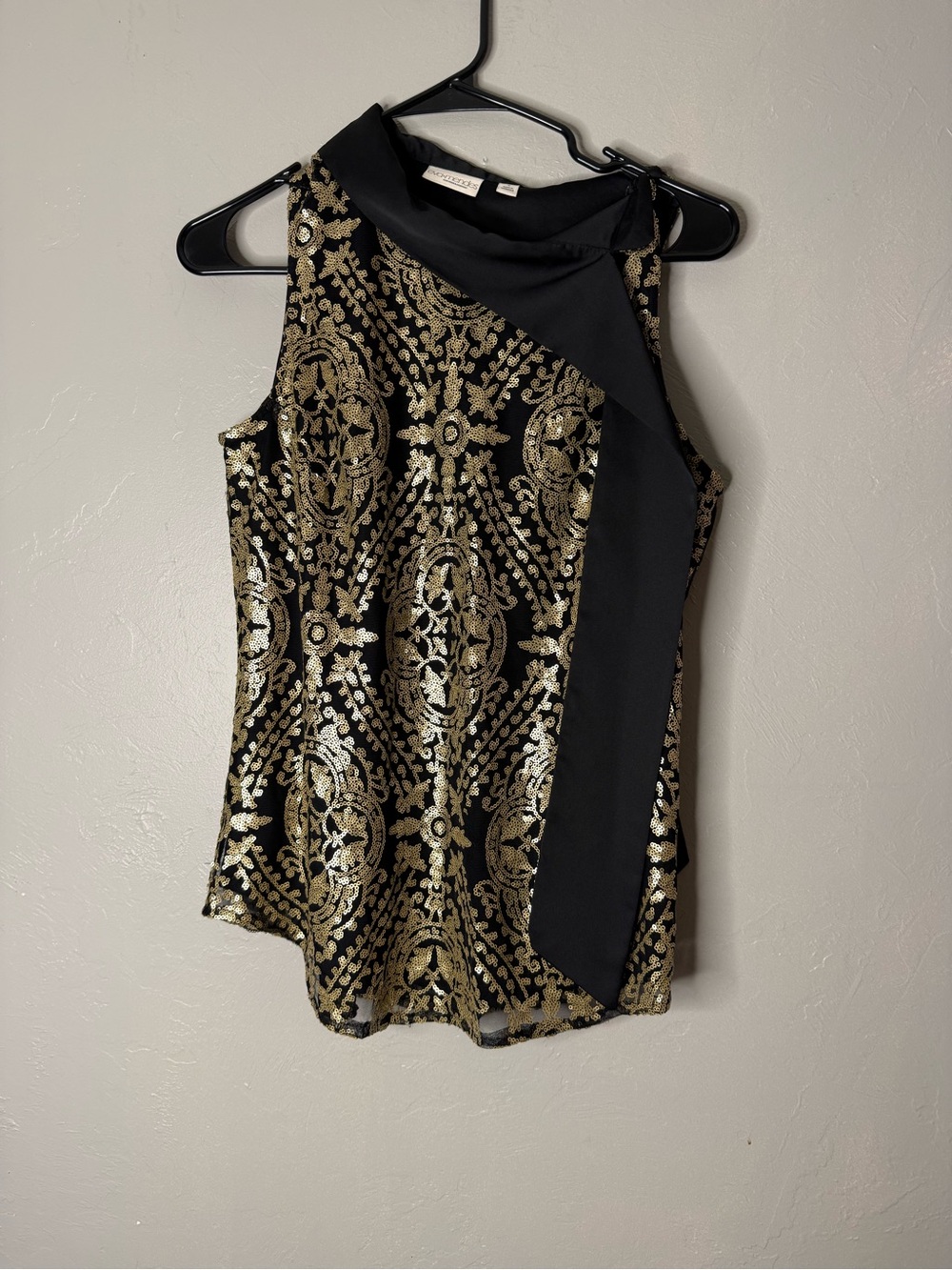 New York & Company Black and Gold Sequin Neck Tie Sleeveless Top